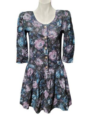 Vintage 80s Jodi Michaels Black Purple Blue Contrast Floral Dress Size 7 Small